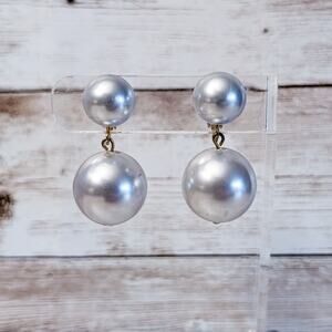 Vintage Clip On Earrings - Metallic Silver Tone Duo Ball Dangle